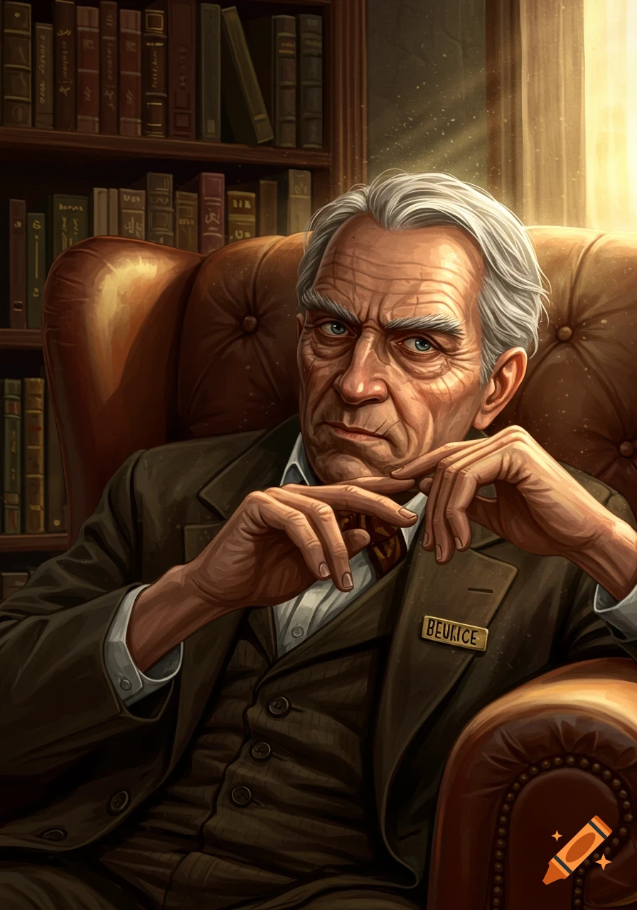 Illustration of a shrewd-looking old man with white hair, sitting in a leather armchair in a library.