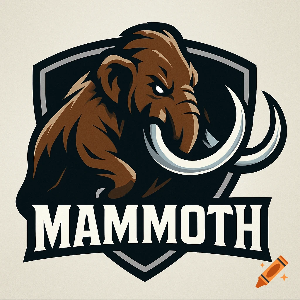 A fierce brown mammoth head logo with white tusks on a dark shield, with the word 'MAMMOTH' below in white text.
