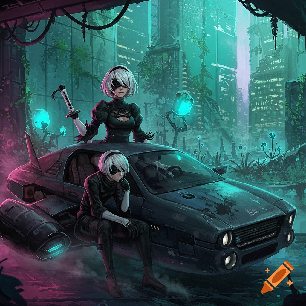 Anime style depiction of Nier Automata characters 2B and 9S with a futuristic car in a ruined, overgrown city at night.