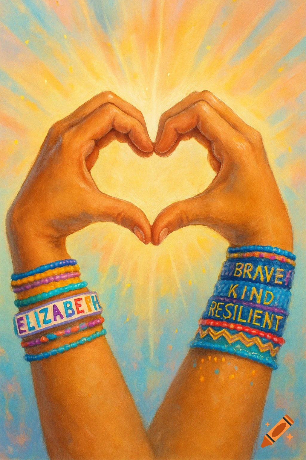 Two hands form a heart, wearing colorful friendship bracelets with 'ELIZABETH' and 'BRAVE KIND RESILIENT' against a glowing background.