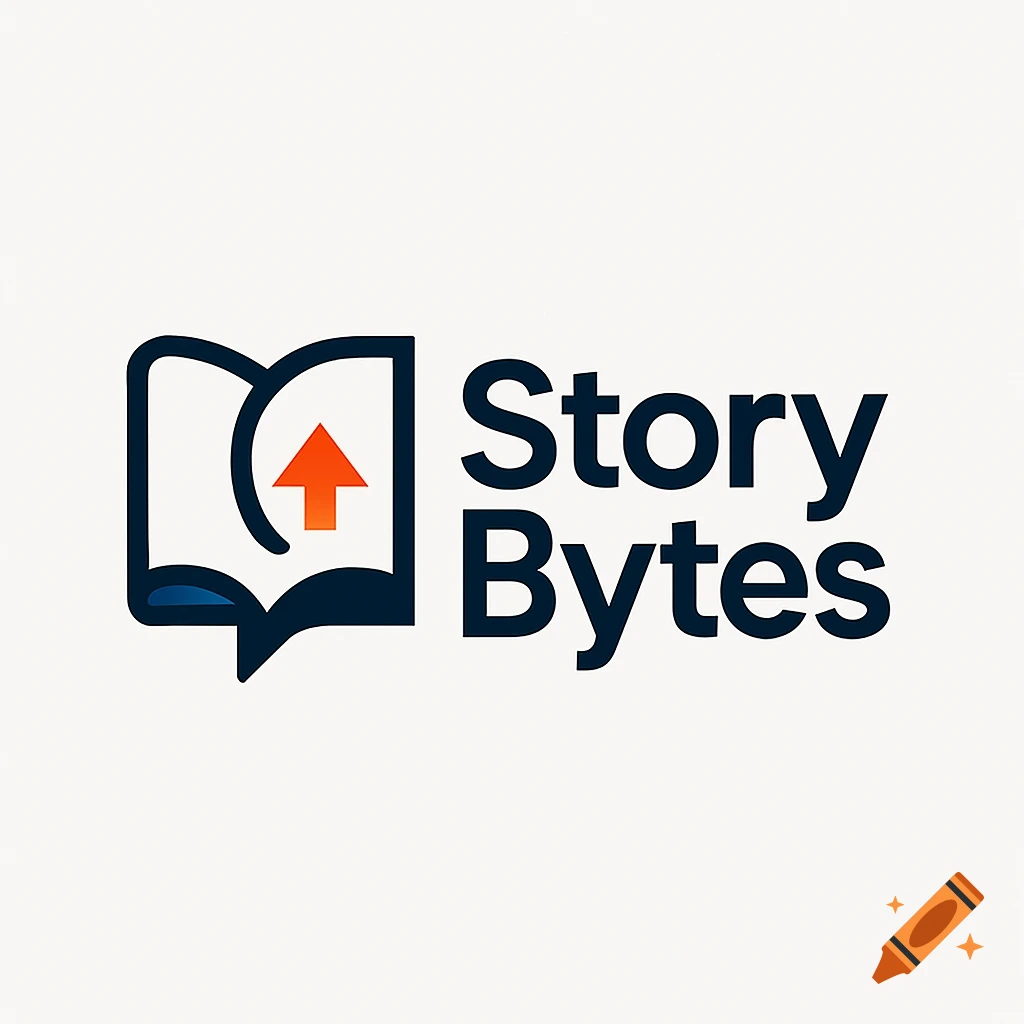 A logo featuring an open book icon with an orange upvote arrow inside, next to the words Story Bytes in dark blue text on a white background.