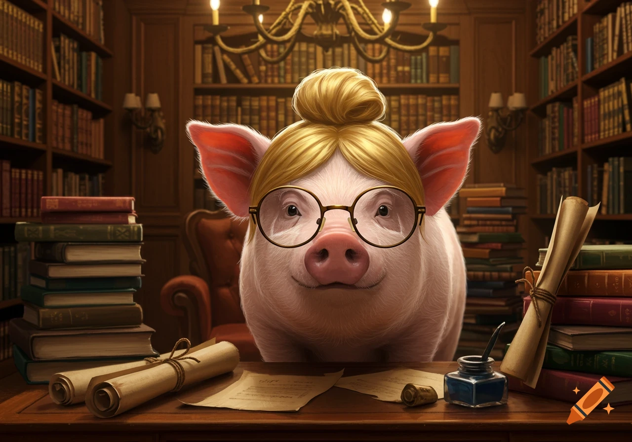 A smiling pig with blonde hair in a bun and round glasses sits at a wooden desk in a library with tall bookshelves.