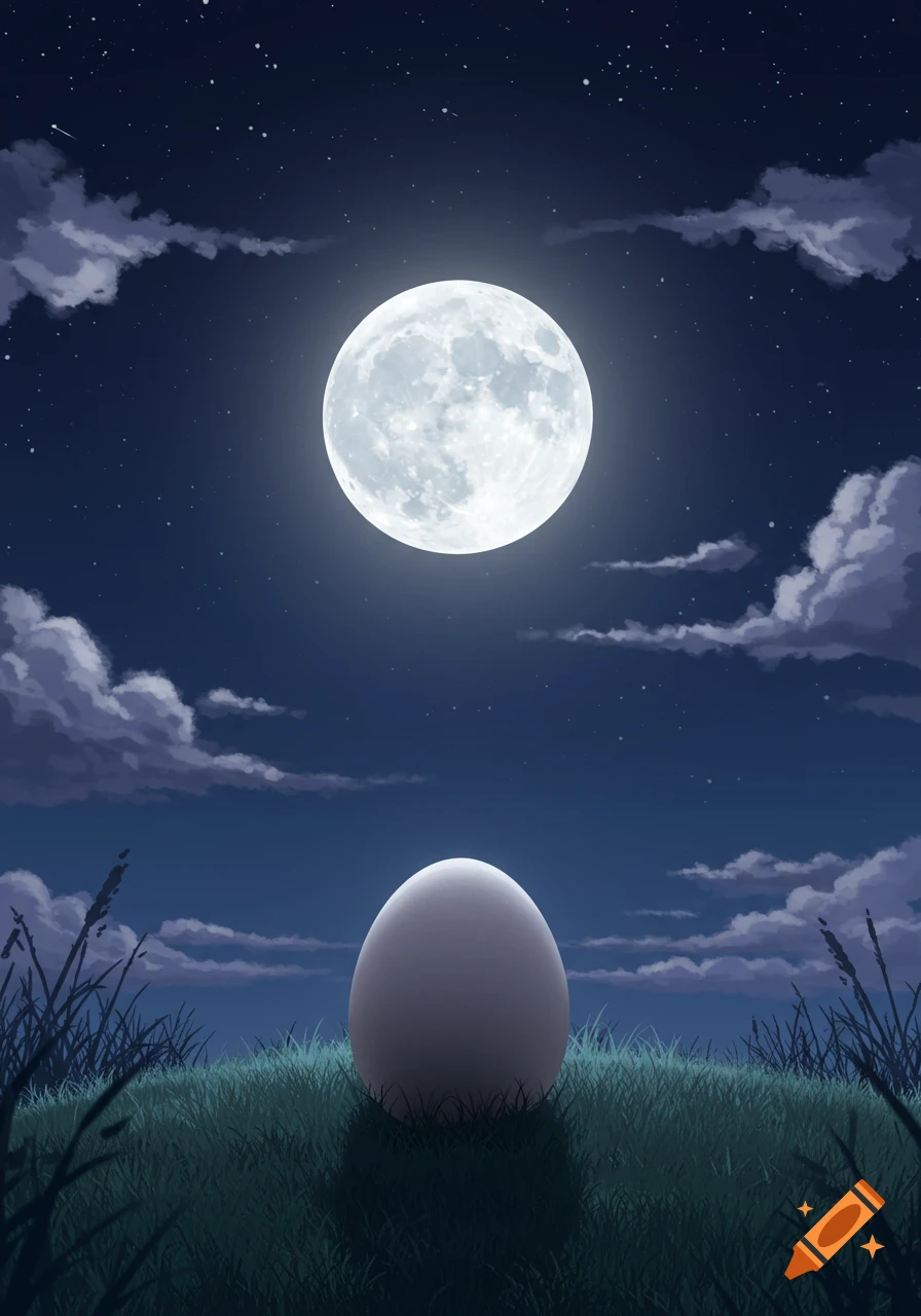 A large, smooth egg rests in green grass under a bright full moon in a dark, starry night sky with clouds.