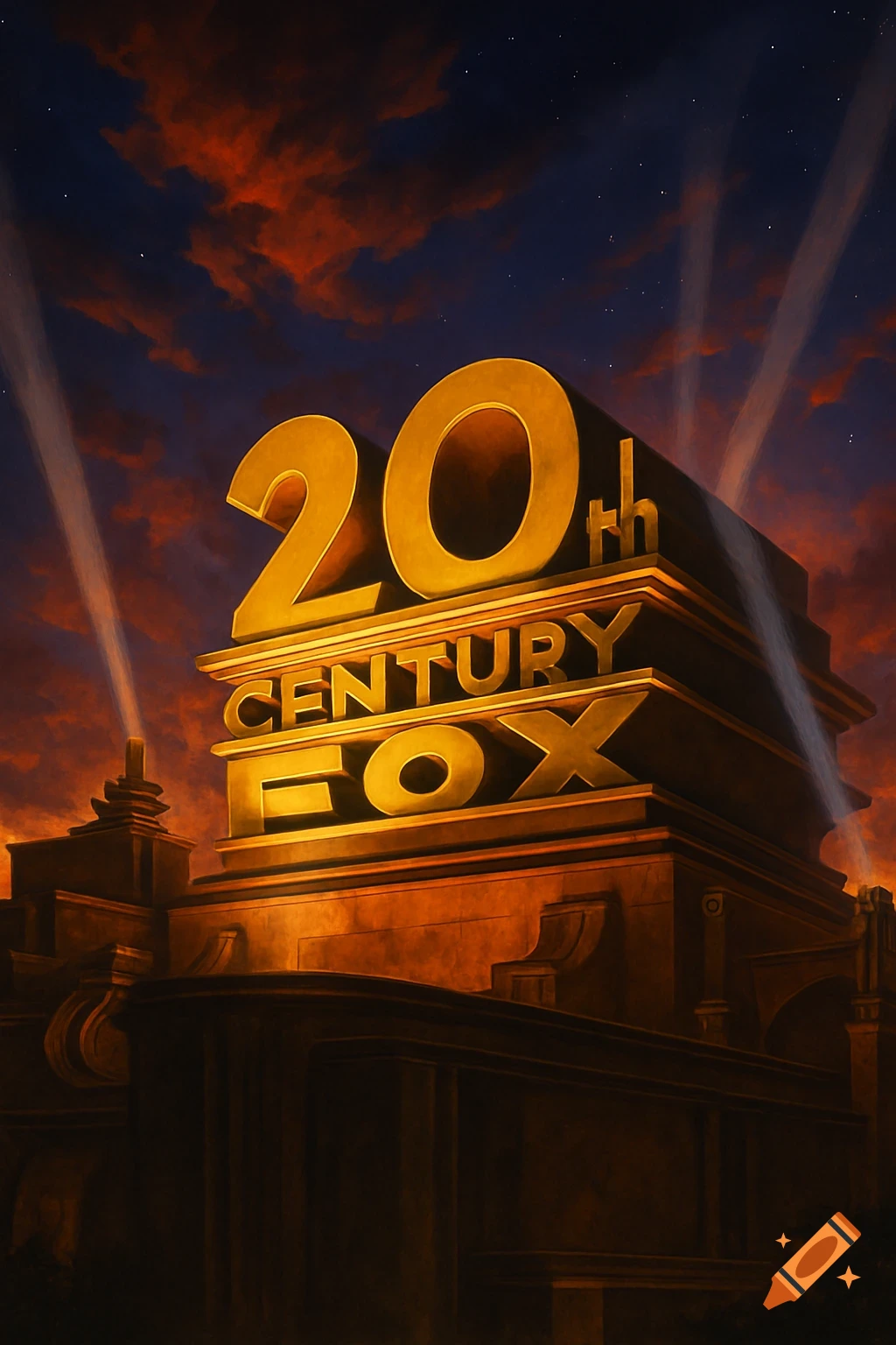The iconic 20th Century Fox logo, a golden monument with searchlights, against a dramatic sunset sky.