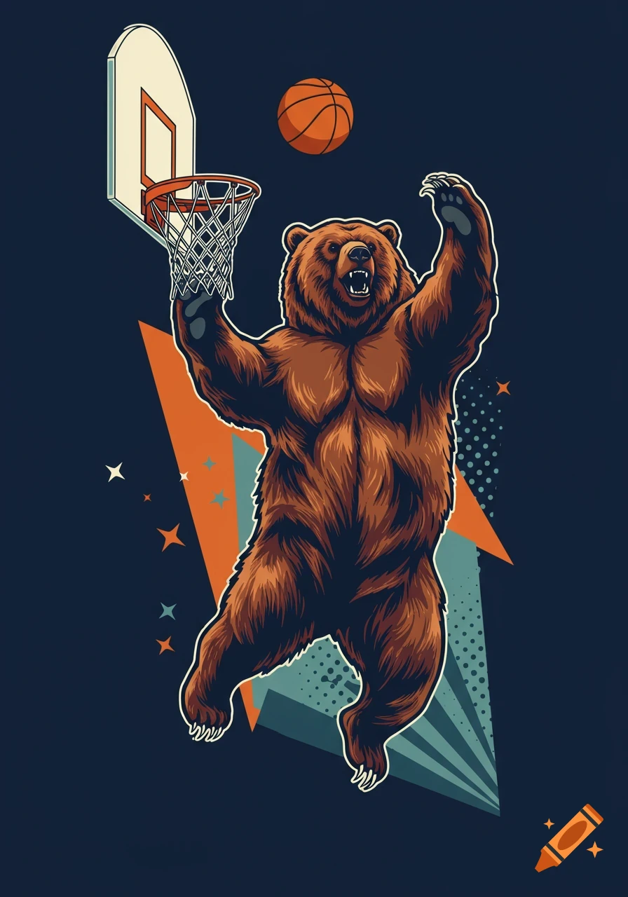 A graphic art illustration of a muscular brown bear about to dunk a basketball into a hoop against a navy background with orange and teal abstract shapes.
