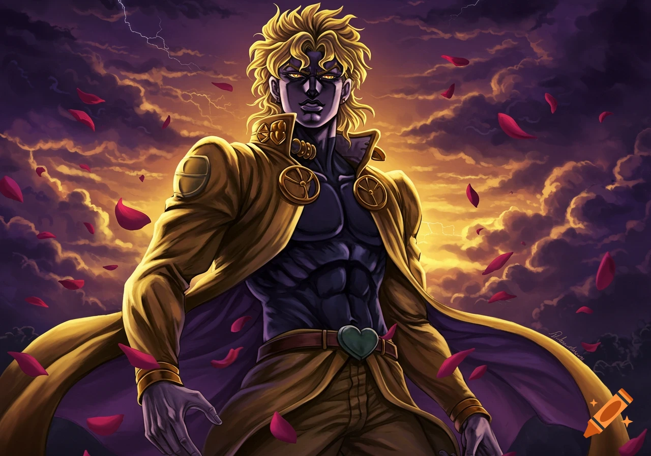 An imposing anime man with golden hair and dark skin, wearing a yellow coat, stands against a dramatic purple and orange stormy sky with falling rose petals.
