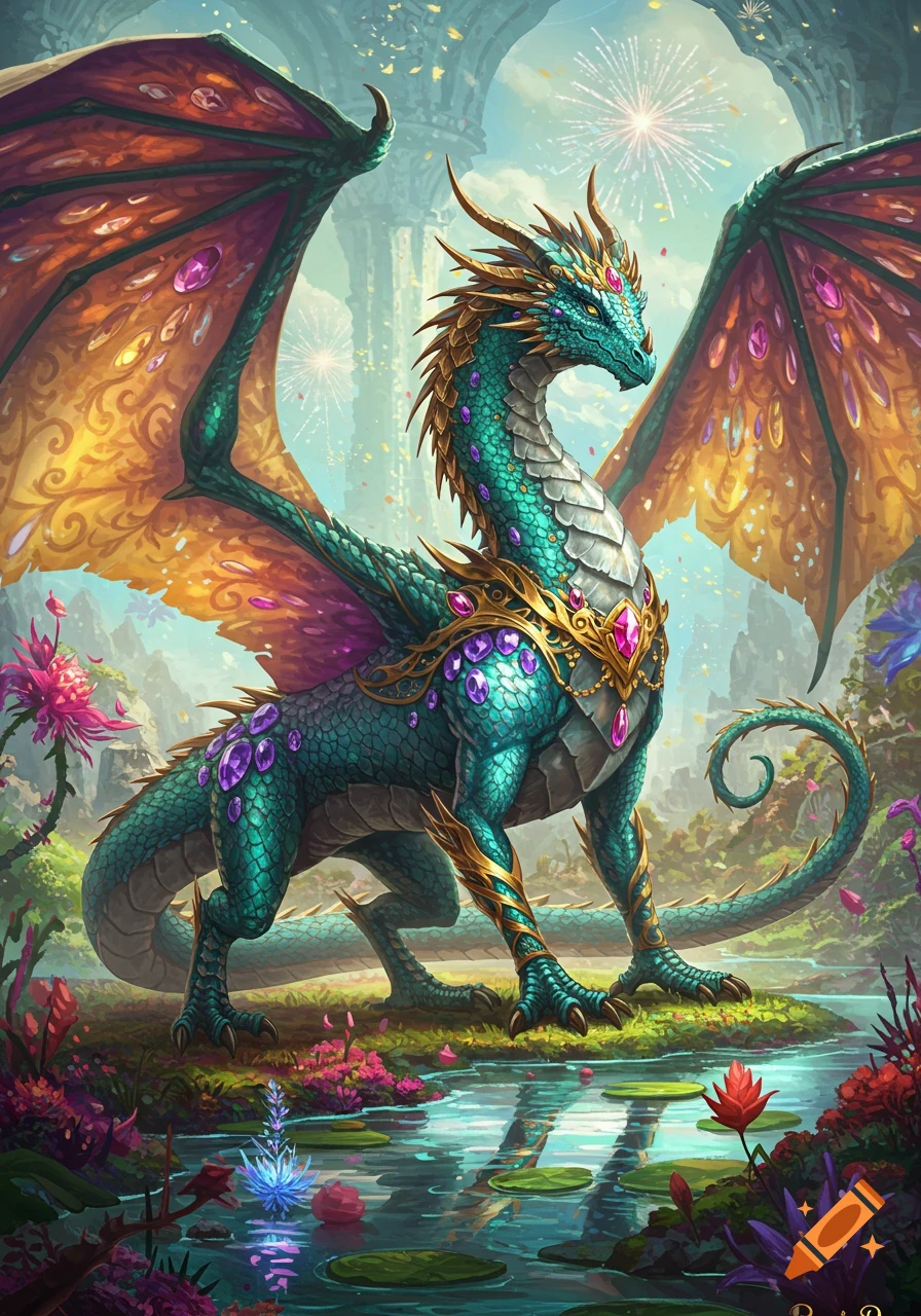 A majestic teal and gold dragon adorned with jewels stands in a vibrant fantasy landscape with a pond and colorful flowers.