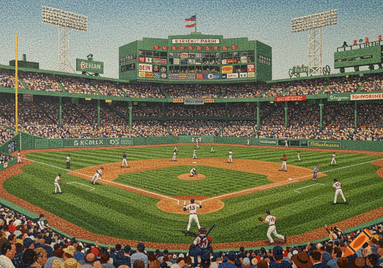 A pointillist painting of a baseball game at Fenway Park, showing the Green Monster, players on the field, and a stadium full of spectators.