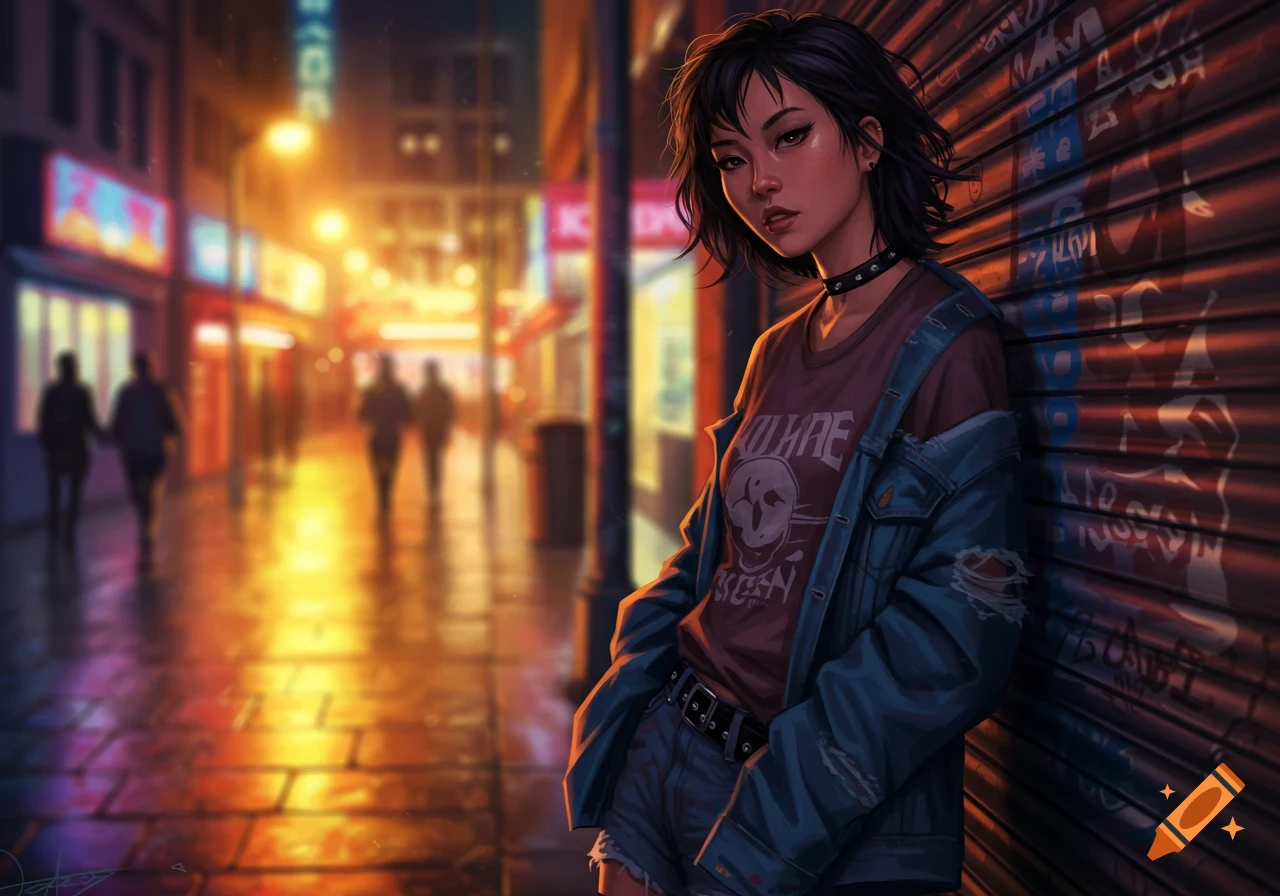 A stylized digital painting of a young Asian woman with short dark hair, wearing a band t-shirt and denim jacket, leaning against a shuttered wall on a vibrant, rainy city street at night.