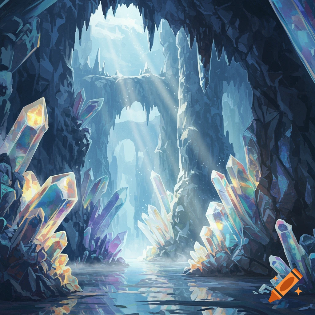 Luminous fantasy cave with large, colorful crystals and light rays shining onto a reflective pool.