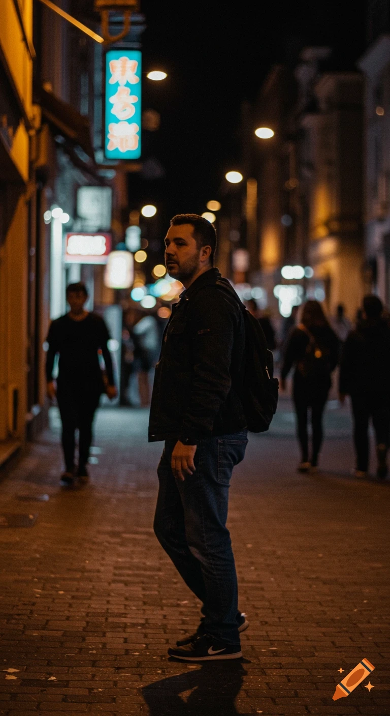 A man with a backpack stands on a dimly lit cobblestone street at night, looking to his right. A bright neon sign is visible in the background, along with blurred figures.