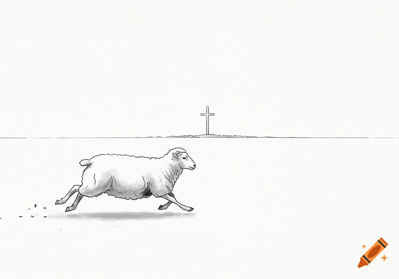 A minimalist black and white drawing of a sheep running across a barren landscape towards a cross in the distance.