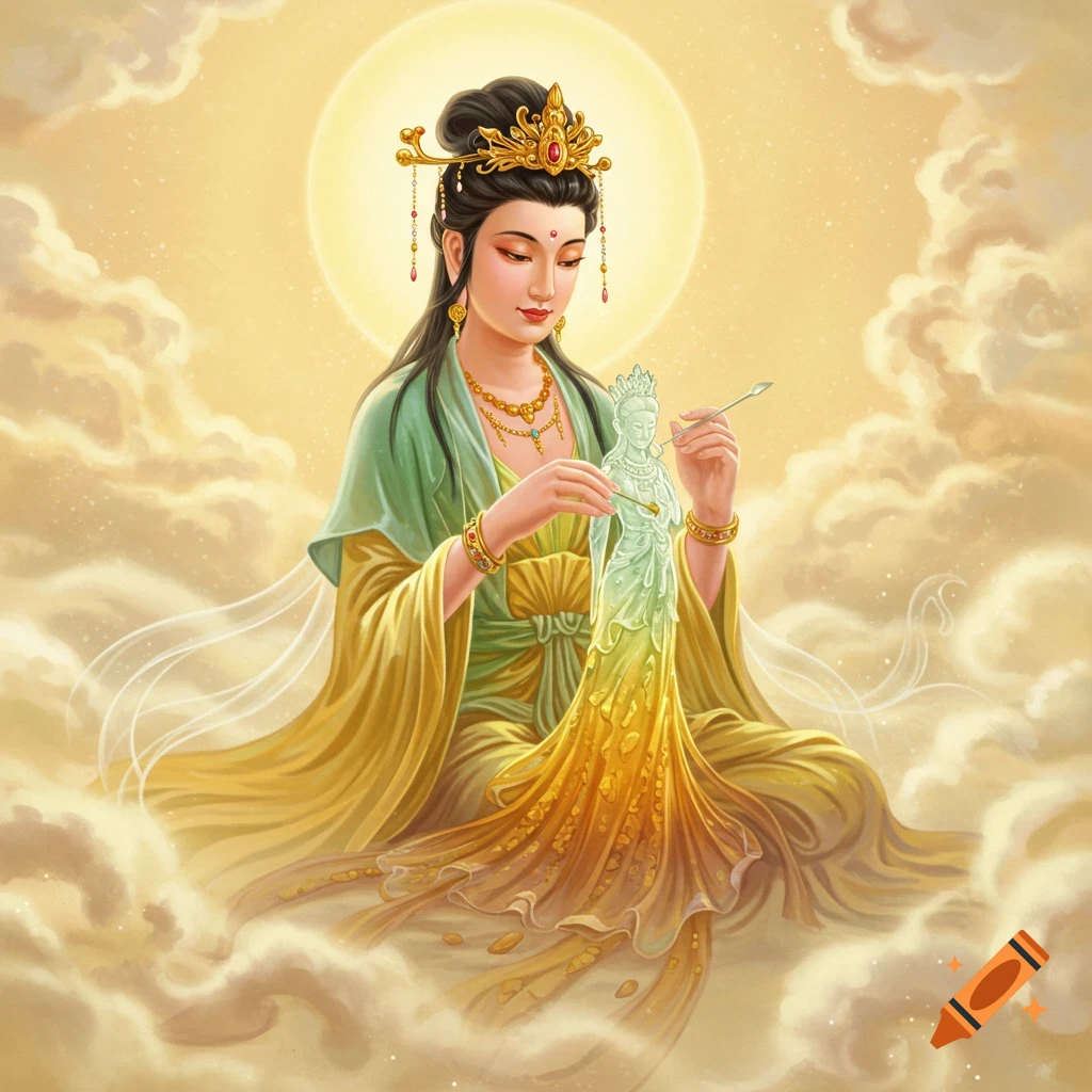A vibrant illustration of the Chinese goddess Nuwa sitting in golden clouds, delicately creating a smaller jade-like figure.