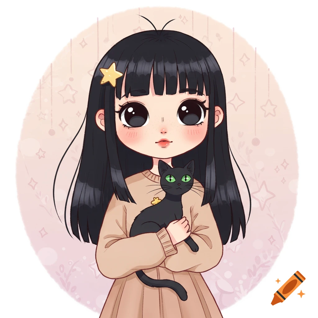 A cute cartoon girl with black hair and a star clip holding a black cat with green eyes.