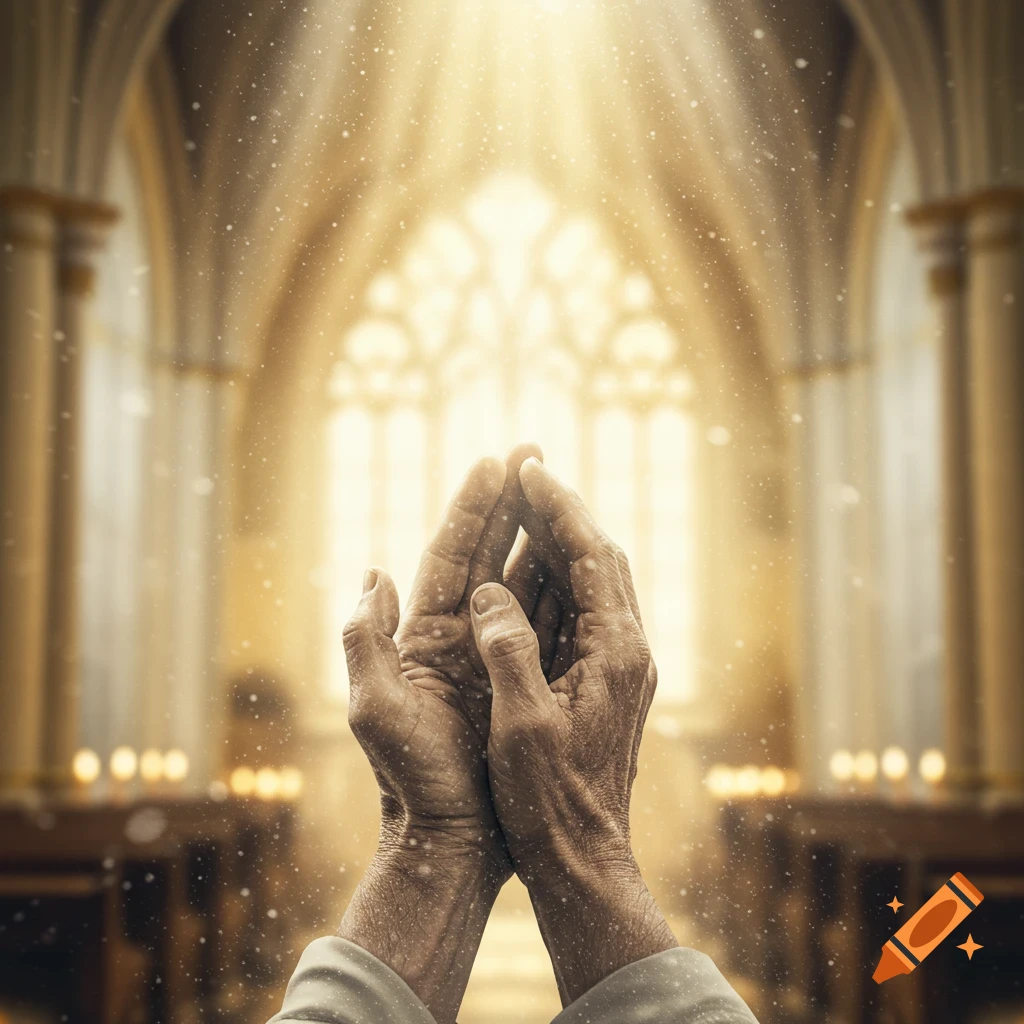 Hands clasped in prayer, bathed in golden light within a church, with a large stained-glass window in the background.
