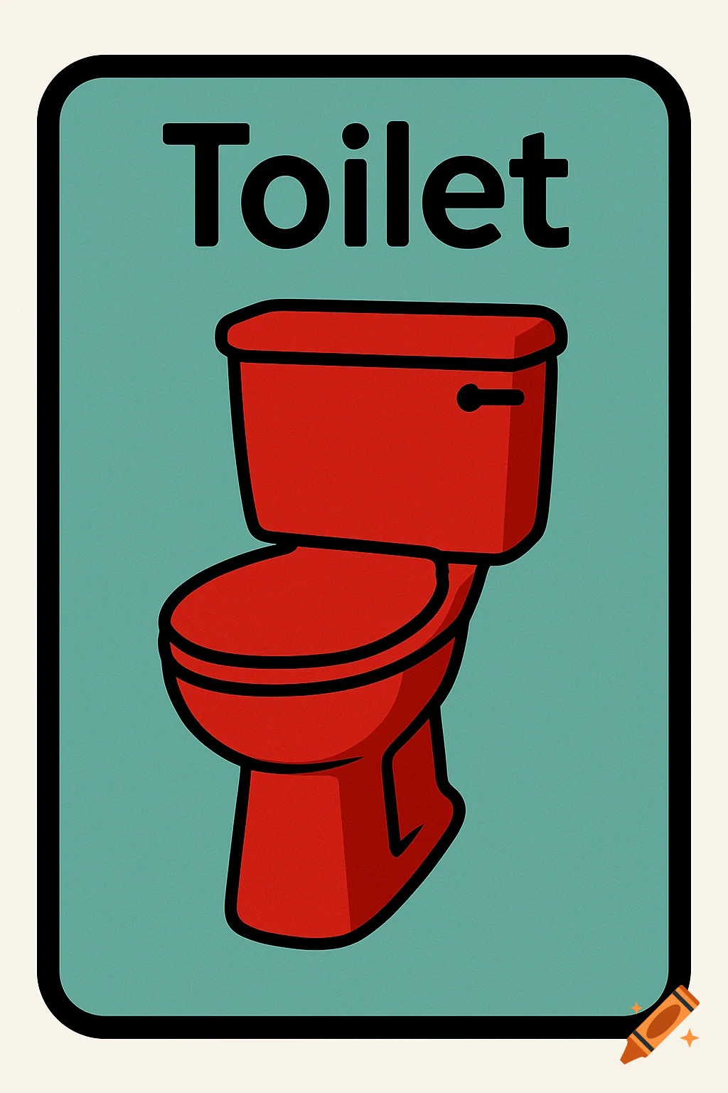 A sign for a toilet, featuring a red toilet illustration on a teal background with a black border, and the word 'Toilet' above it.