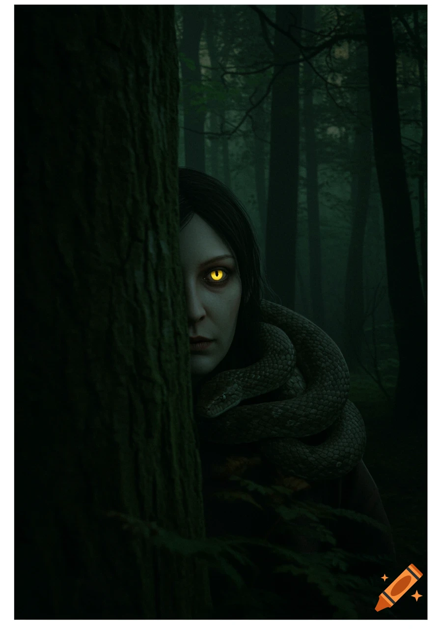 A pale-faced woman with glowing yellow eyes peeks from behind a tree in a dark, misty forest, a snake coiled around her shoulder.