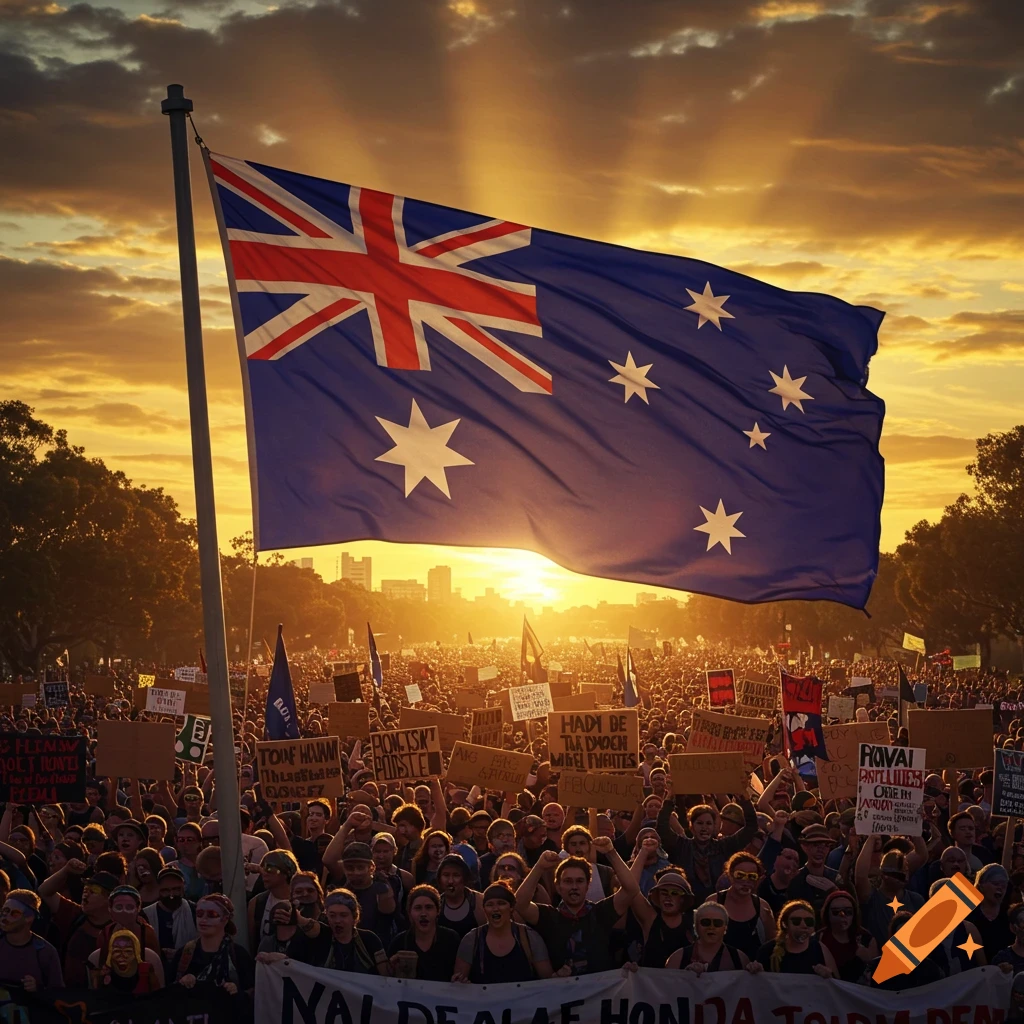 A large Australian flag waves over a massive crowd of protestors at sunset, with city buildings in the background.