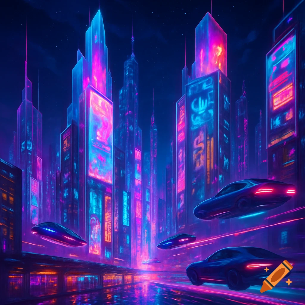 A vibrant cyberpunk cityscape at night with glowing, crystalline skyscrapers, neon signs, and multiple flying cars cruising through the sky.
