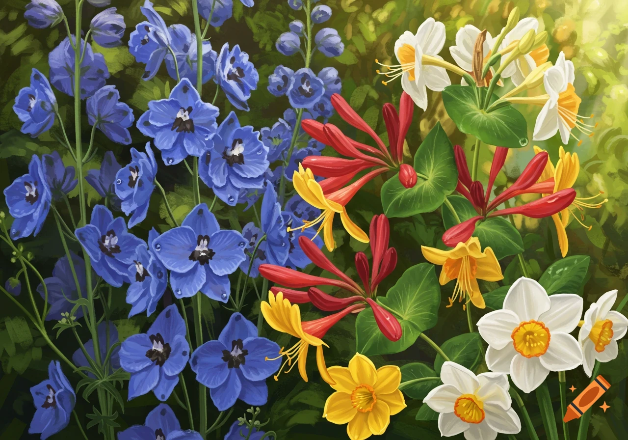Vibrant illustration of blue larkspur, red and yellow honeysuckle, and white and yellow narcissus flowers in a sunlit garden.