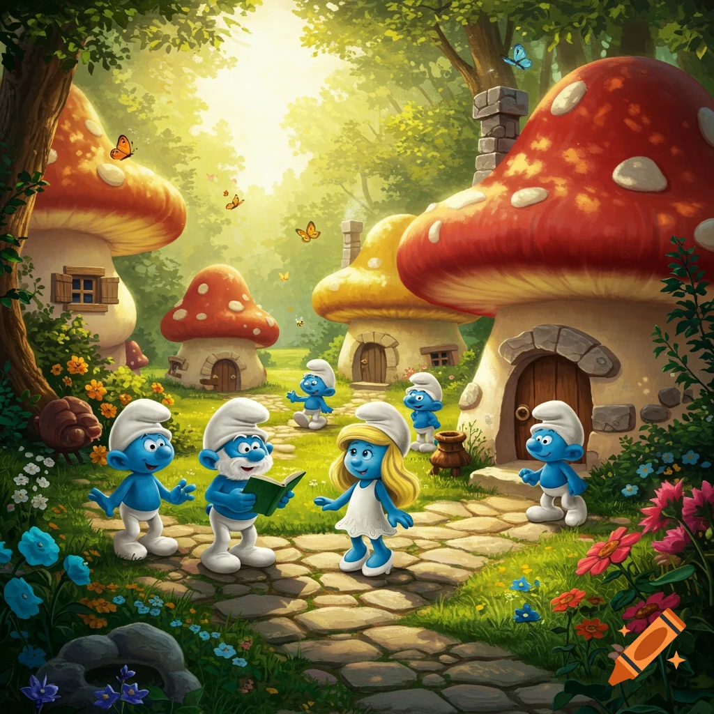 Cartoon Smurfs gather in a sunny forest village with mushroom houses and colorful flowers, one Smurf reads a book.