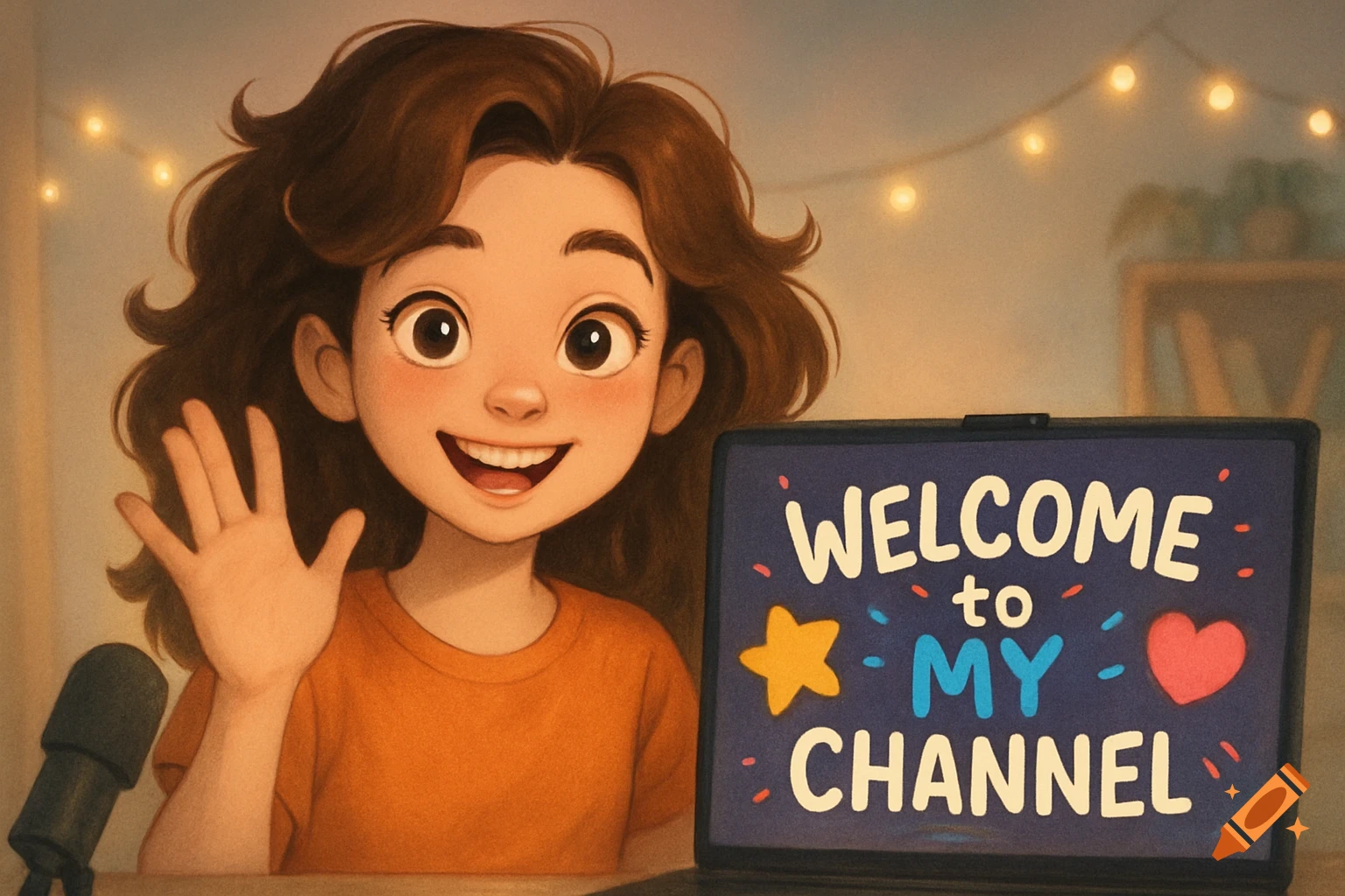 A smiling cartoon girl with brown hair waves at the viewer next to a laptop displaying "WELCOME to MY CHANNEL."