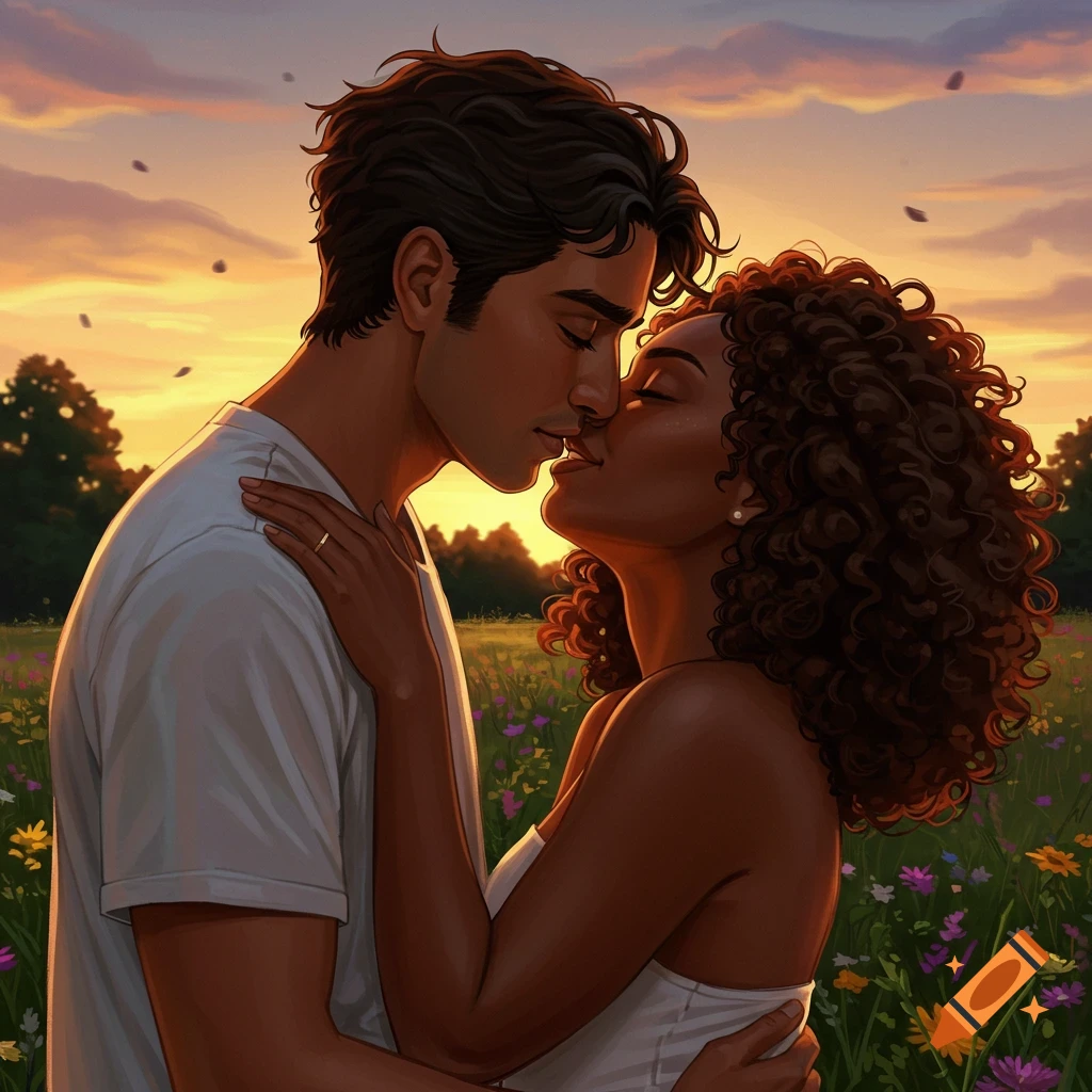 Illustrative image of a Latino man and a Black woman kissing in a flower field at sunset.