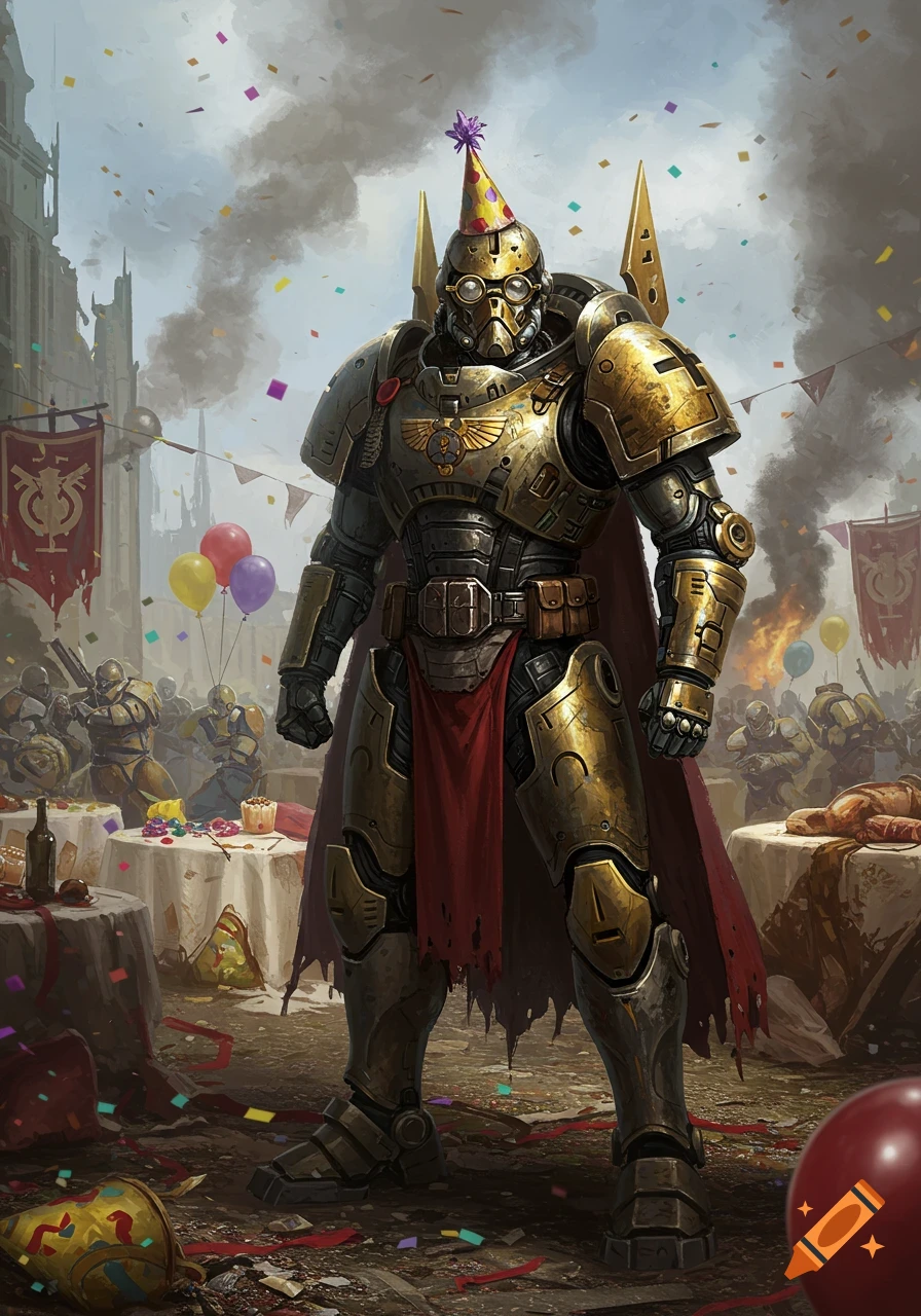 An armored space marine-like figure in a party hat and glasses stands amidst confetti and debris at a battle-damaged birthday party.
