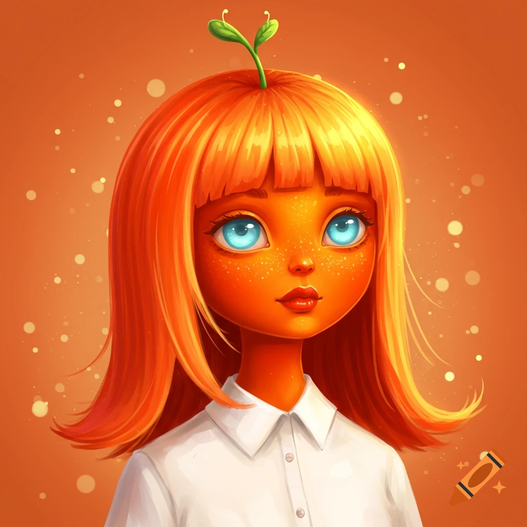 A stylized cartoon portrait of a girl with orange skin and hair, light blue eyes, freckles, and a green sprout on her head, wearing a white collared shirt.