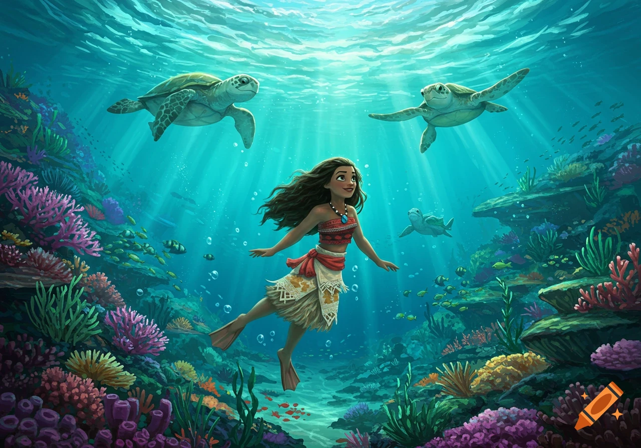 Moana swims underwater with two sea turtles amidst colorful coral reefs and fish.