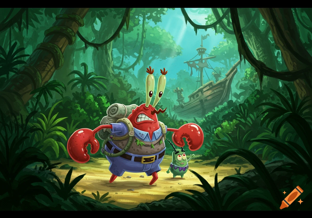 Mr. Krabs, wearing a backpack and jungle attire, looks angry while walking through a lush jungle with Plankton chained behind him. A shipwreck is visible in the background.