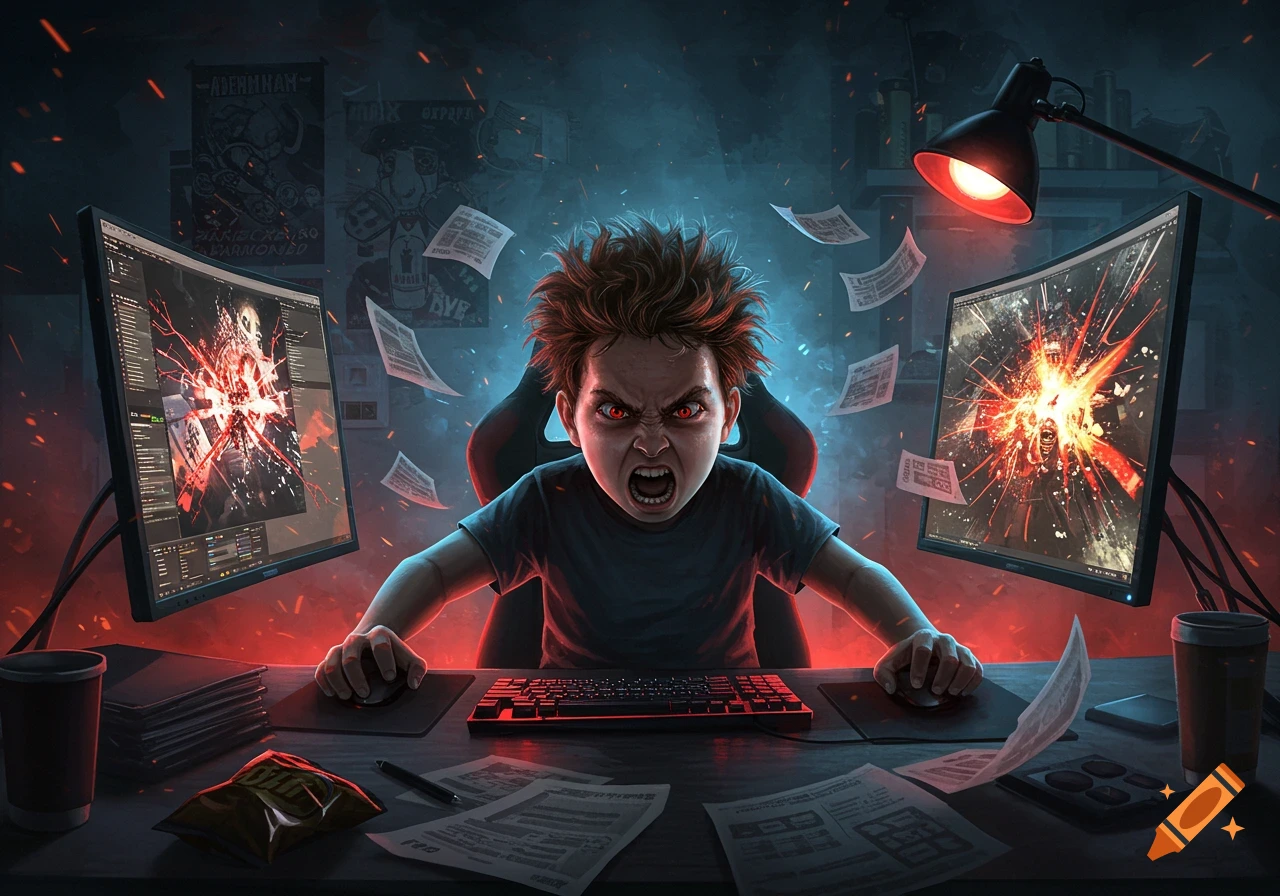 An angry child with glowing red eyes screams at two monitors, which appear to be cracking, in a dark, red-lit room.