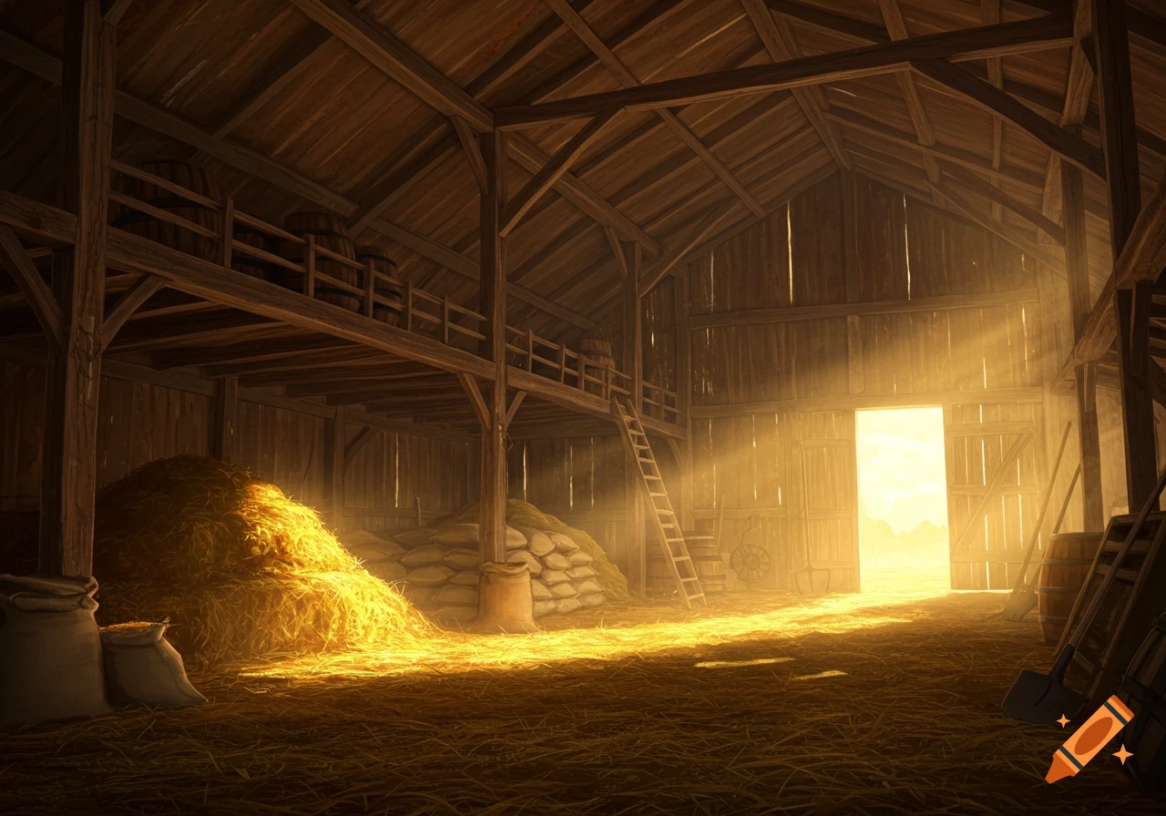 Sunlight streams into a rustic wooden barn with bales of hay and sacks on the floor.