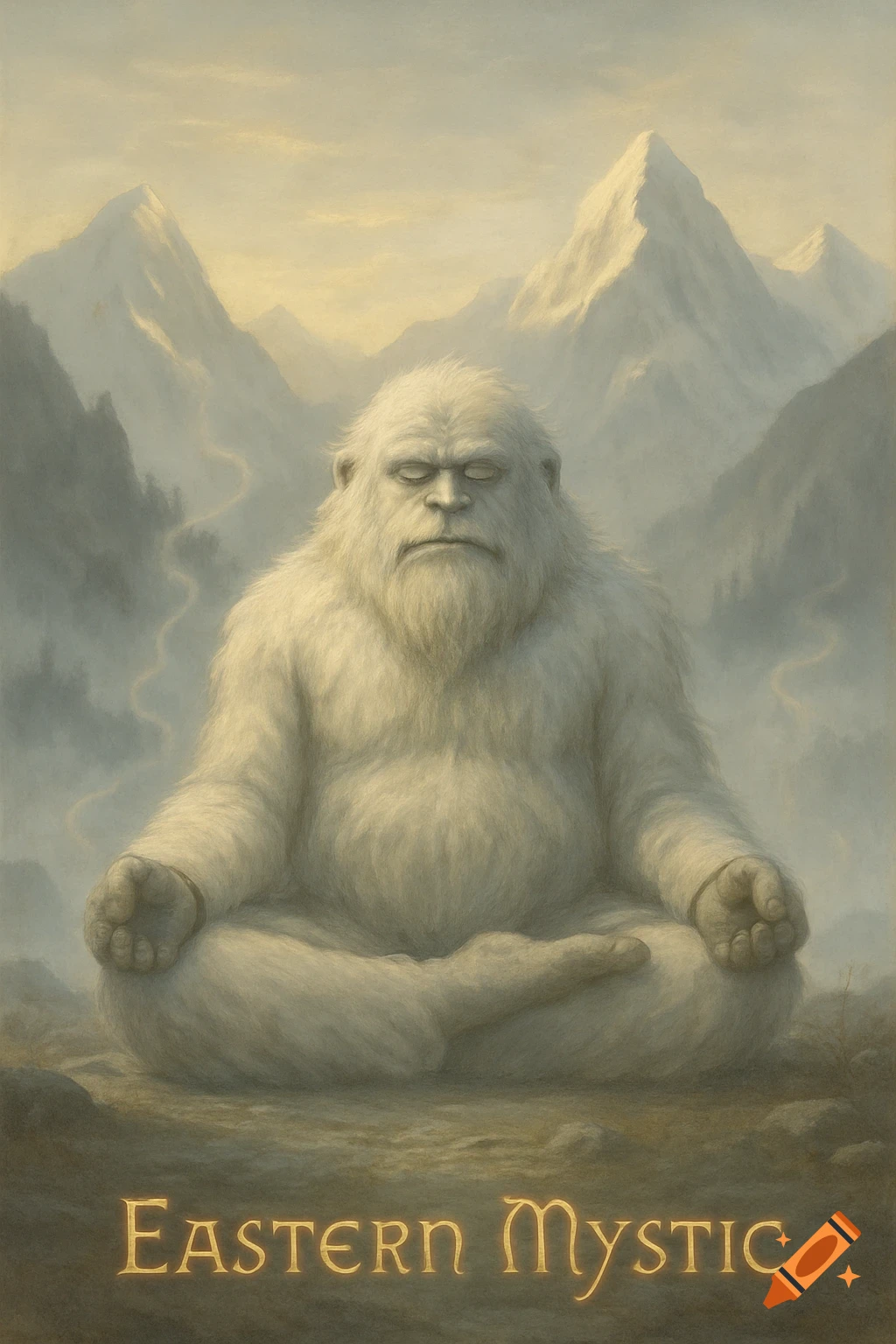 A peaceful white Yeti meditates in Sukhasana pose amidst misty mountains, with 'Eastern Mystic' text below.