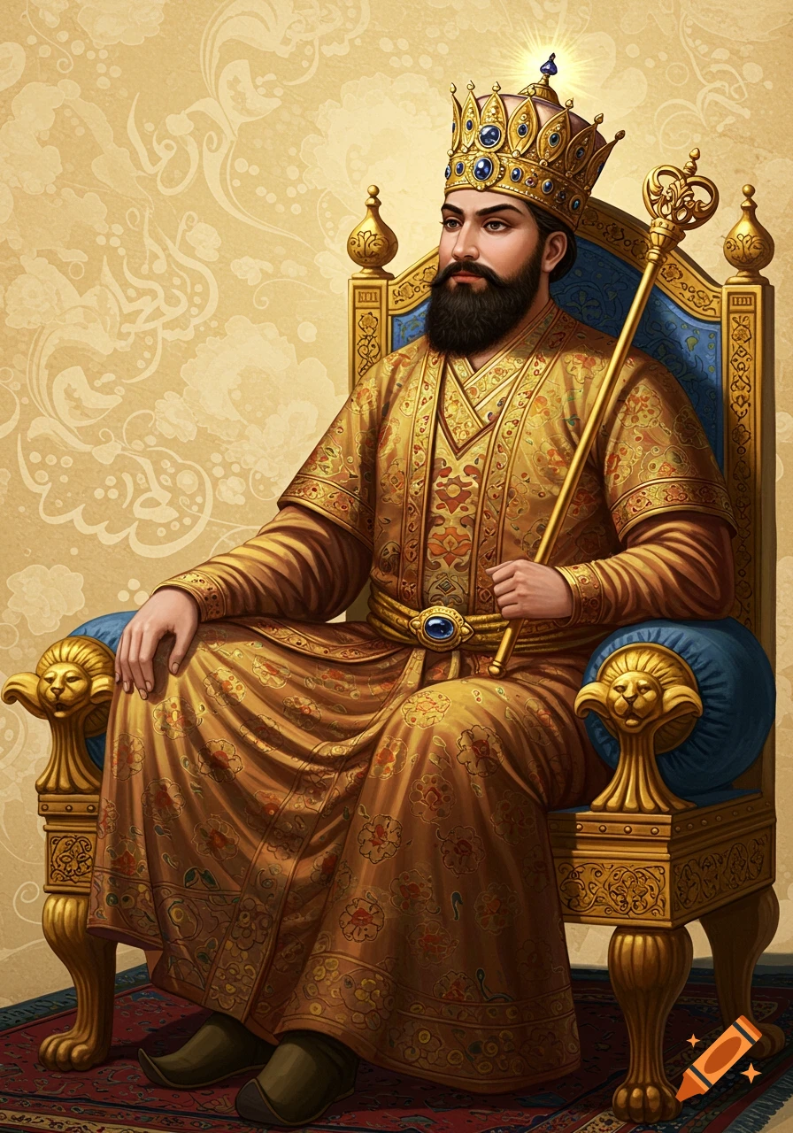 A bearded king in a golden robe and crown sits on an ornate throne, holding a scepter. Detailed fantasy portrait in a traditional art style.