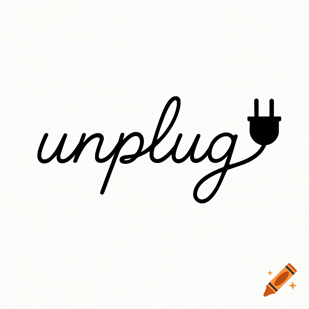 Black cursive word 'unplug' with the 'g' turning into an electrical ...