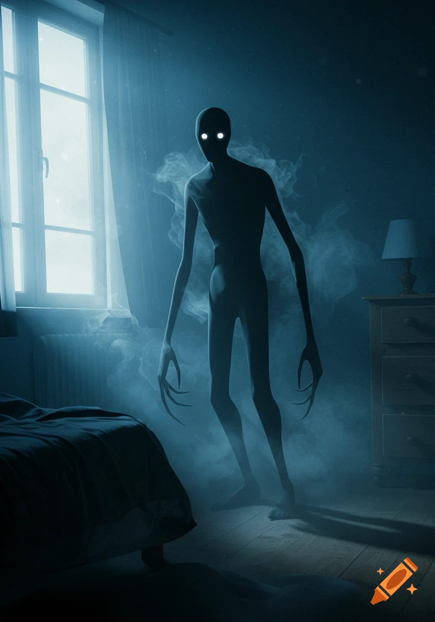 A gaunt, shadowy figure with glowing white eyes and long, sharp fingers stands in a dimly lit bedroom, shrouded in mist.
