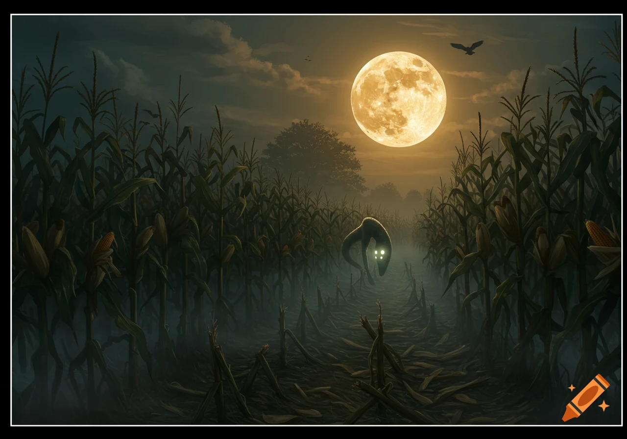 A shadowy cryptid with glowing eyes stands in a misty cornfield at night under a large, bright full moon, with bats flying overhead. Dark fantasy art style.