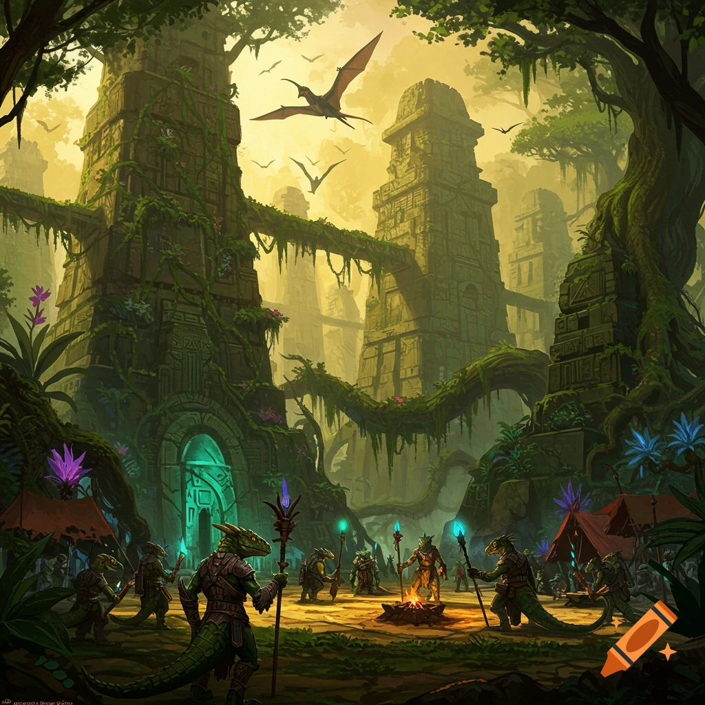 A vibrant fantasy art of lizard-folk gathered in an ancient jungle city with towering, vine-covered ruins and pterodactyls flying overhead.