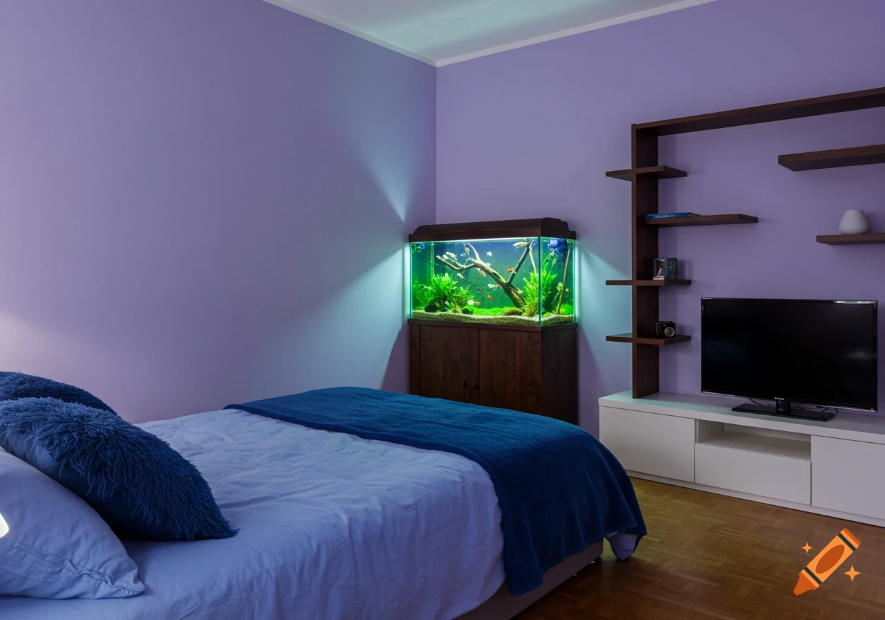 Bedroom with lavender walls, blue bed, illuminated fish tank, dark wooden shelves, and white TV stand with TV.