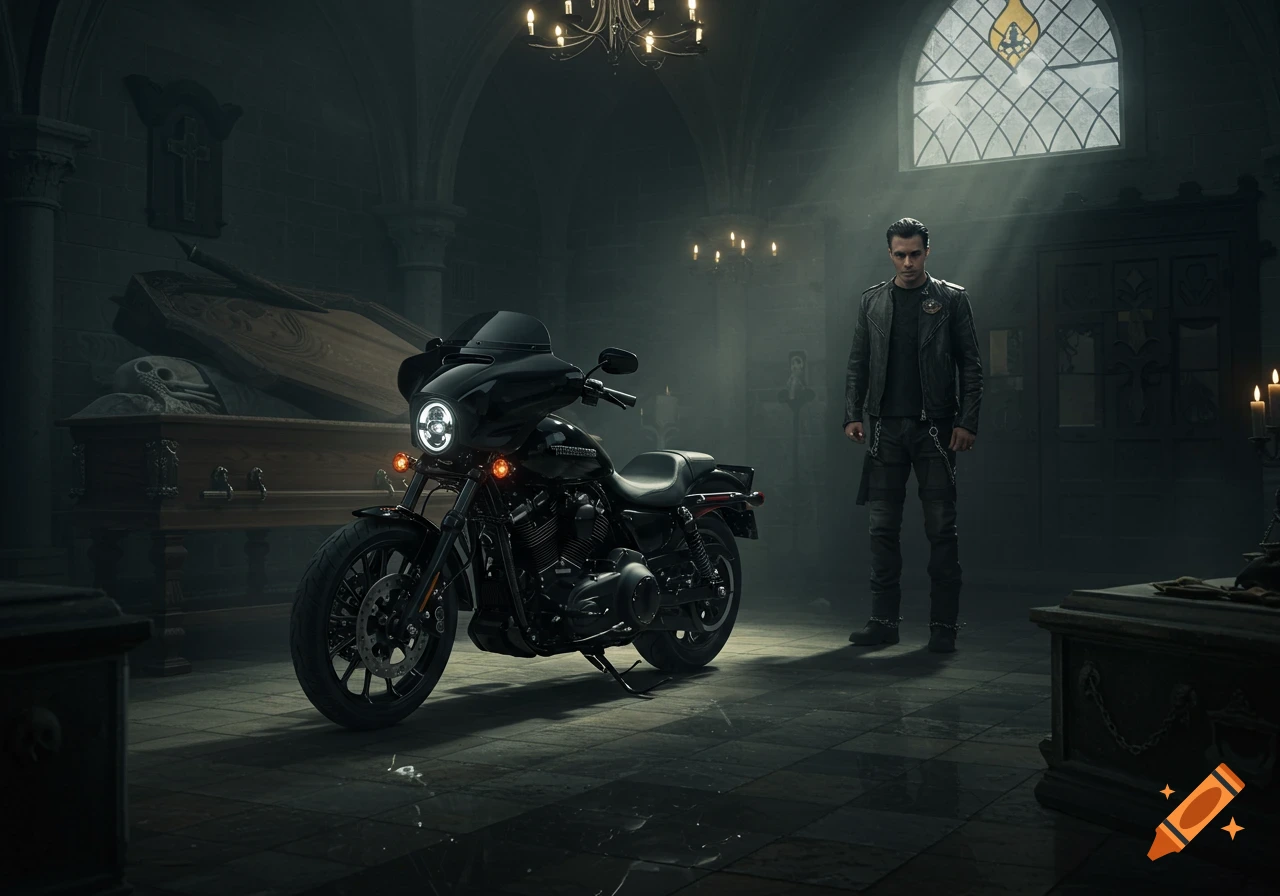 A man in a leather jacket stands next to a black motorcycle in a dimly lit mortuary with open coffins and a skeleton.