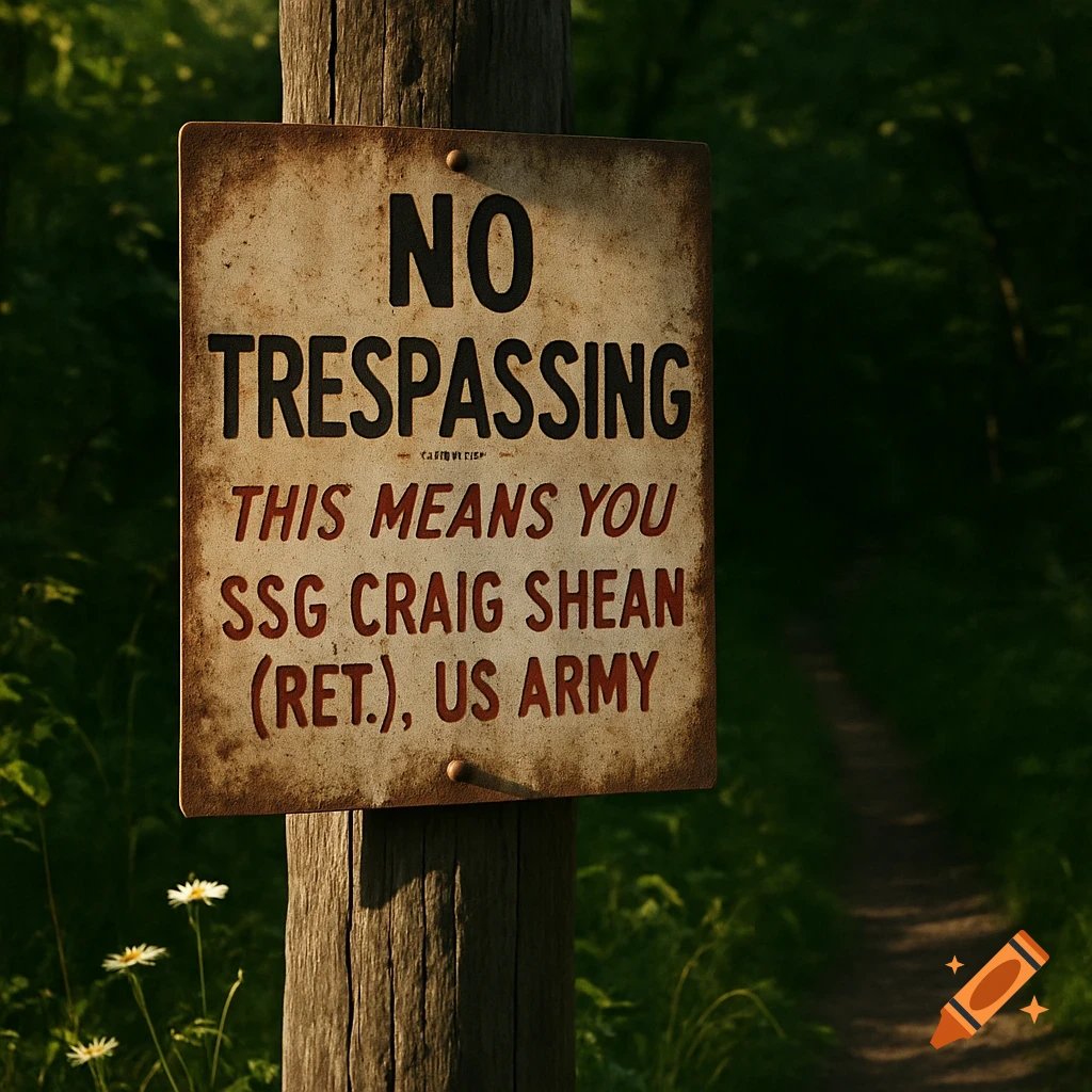 A weathered "No Trespassing" sign on a wooden post in a sunny forest with a path leading into the background.