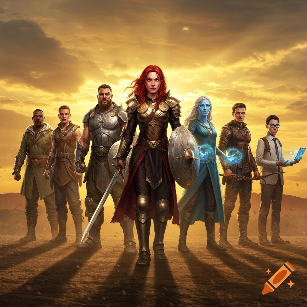 A diverse group of six fantasy and sci-fi heroes stand together in a desolate landscape under a dramatic golden sky.