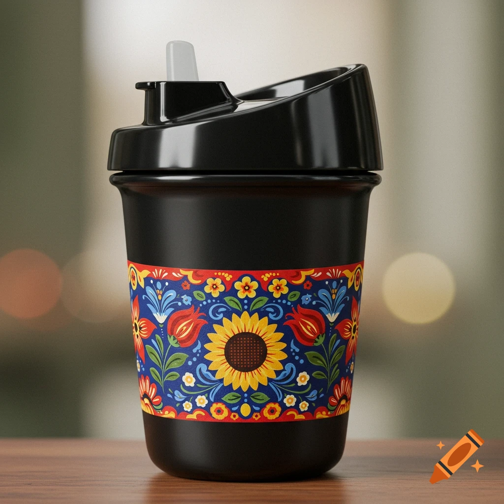A black toddler 360 cup with a colorful Scandinavian folk art flower pattern around its base and a black lid.