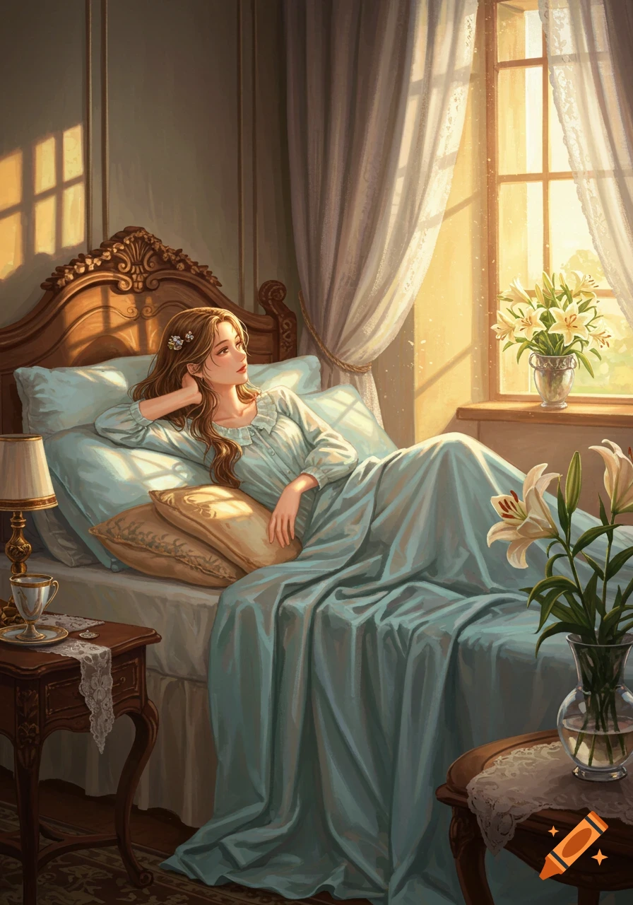 Illustrated woman with long brown hair lying in a bed in a sunlit bedroom, looking towards a window with sheer curtains.