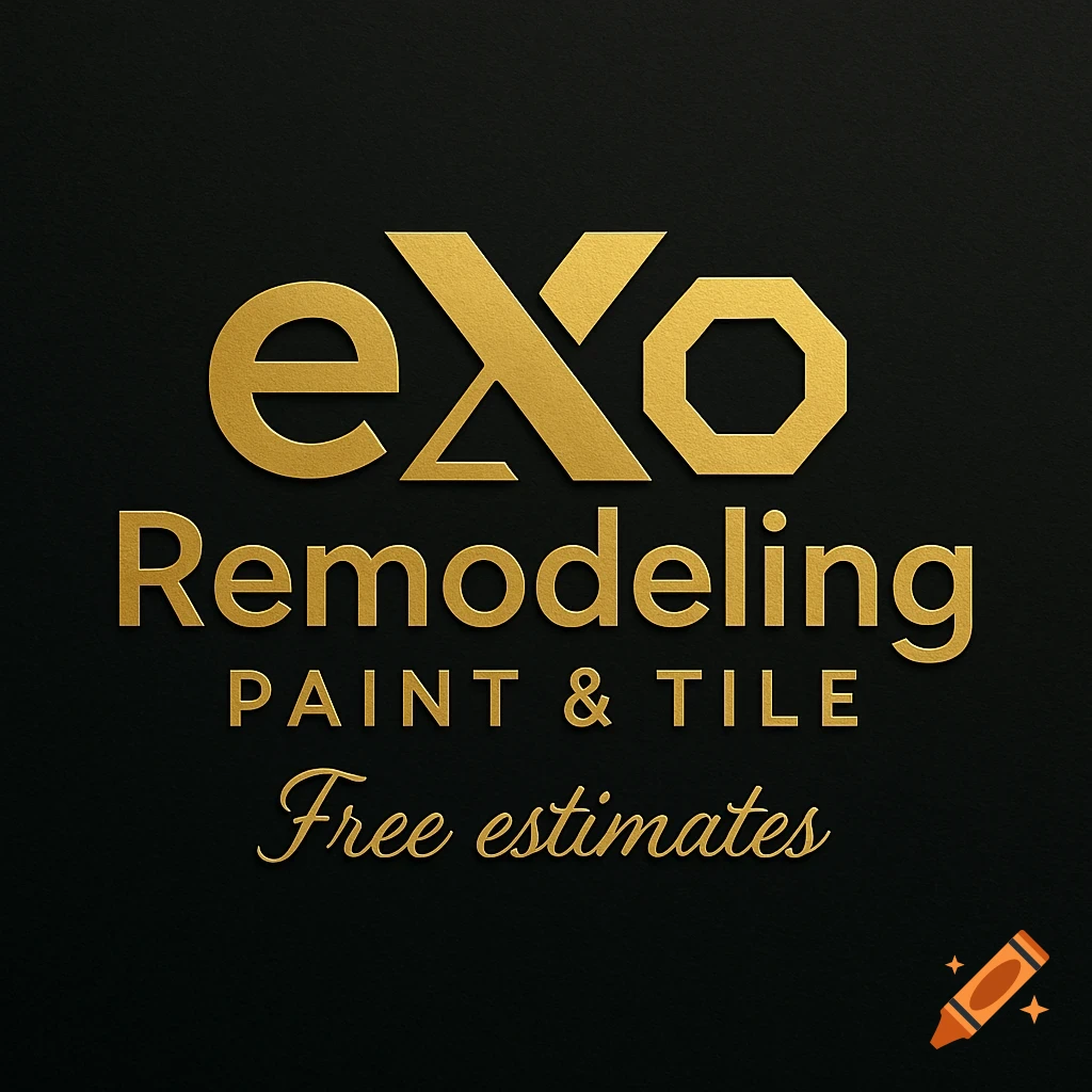 A gold logo for eXo Remodeling Paint & Tile on a black background, with the words 'Free estimates' below.