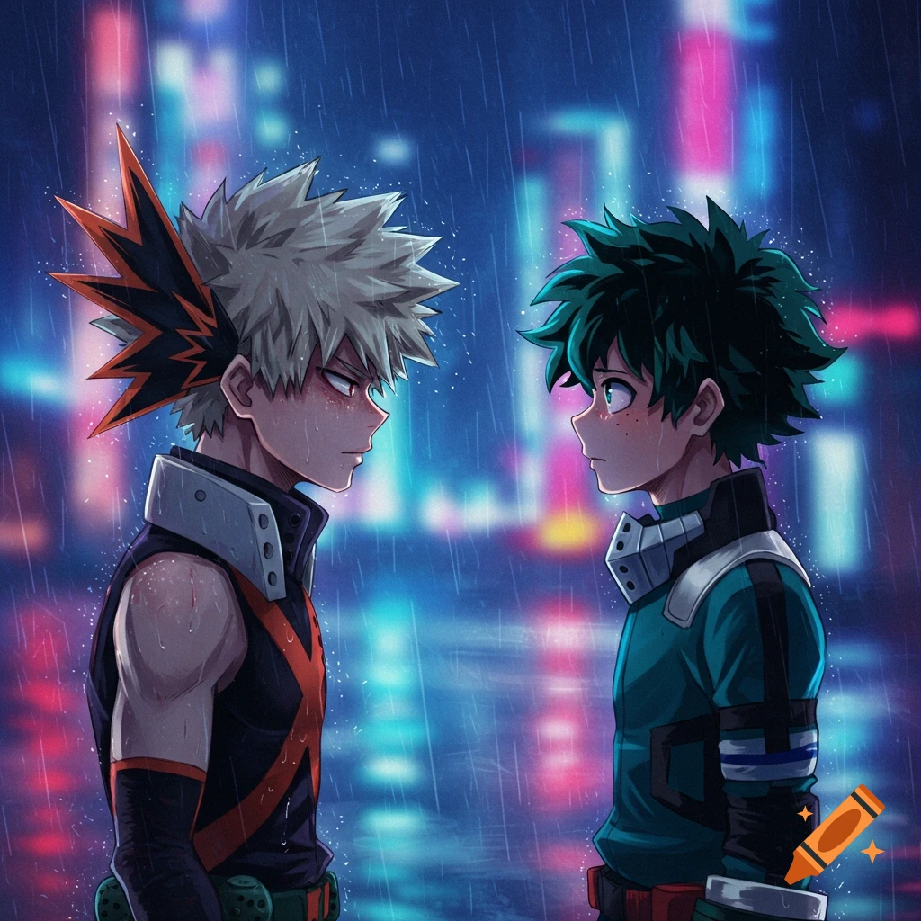 Anime illustration of Bakugo and Deku looking at each other sadly in the rain against a blurred city background at night.