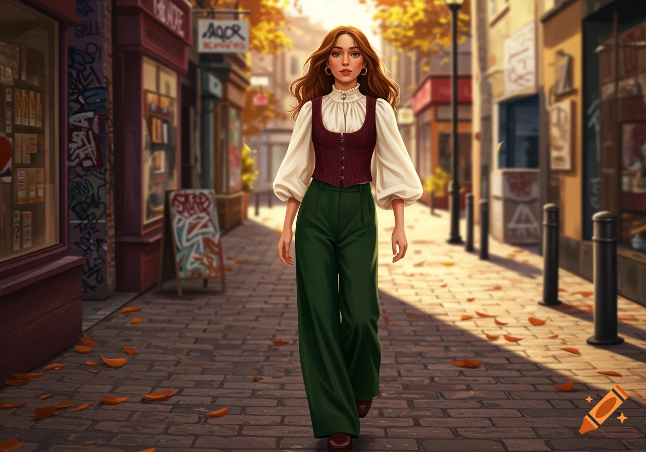 A young woman with long reddish-brown hair, wearing a white peasant blouse, burgundy waistcoat, and dark green wide-leg trousers, walks down an autumnal cobblestone street lined with shops.