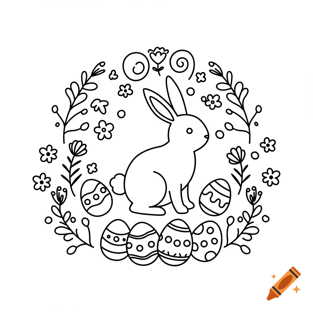 Black line drawing of an Easter bunny in a wreath of flowers and decorated Easter eggs.