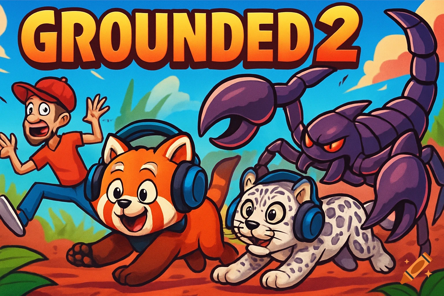 Cartoon red panda and snow leopard in headphones run from a giant purple scorpion, with a man fleeing in the background. Title 'GROUNDED 2'.